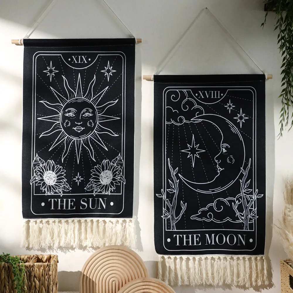 

Bohemian black sun and moon print fringed tapestry decorative hanging cloth simple studio bedroom living room background wall co