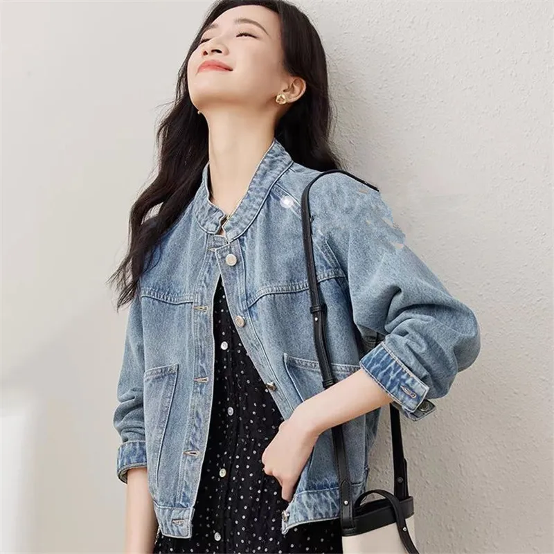 

Винтажная джинсовая куртка женская весна осень новая корейская мода воротник-стойка карман джинсы пальто женская свободная ковбойская верхняя одежда T1542