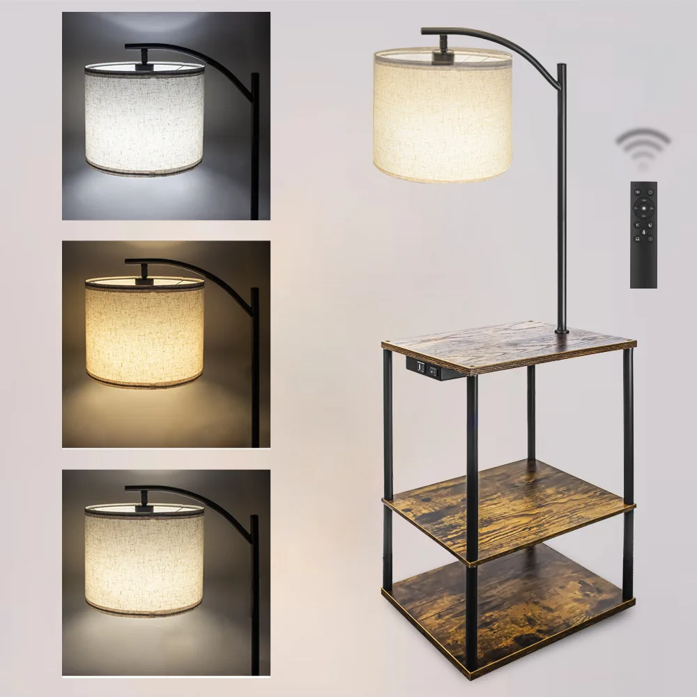 Cloth covered floor lamp storage rack bookshelf item placement floor lamp with dual USB plugs