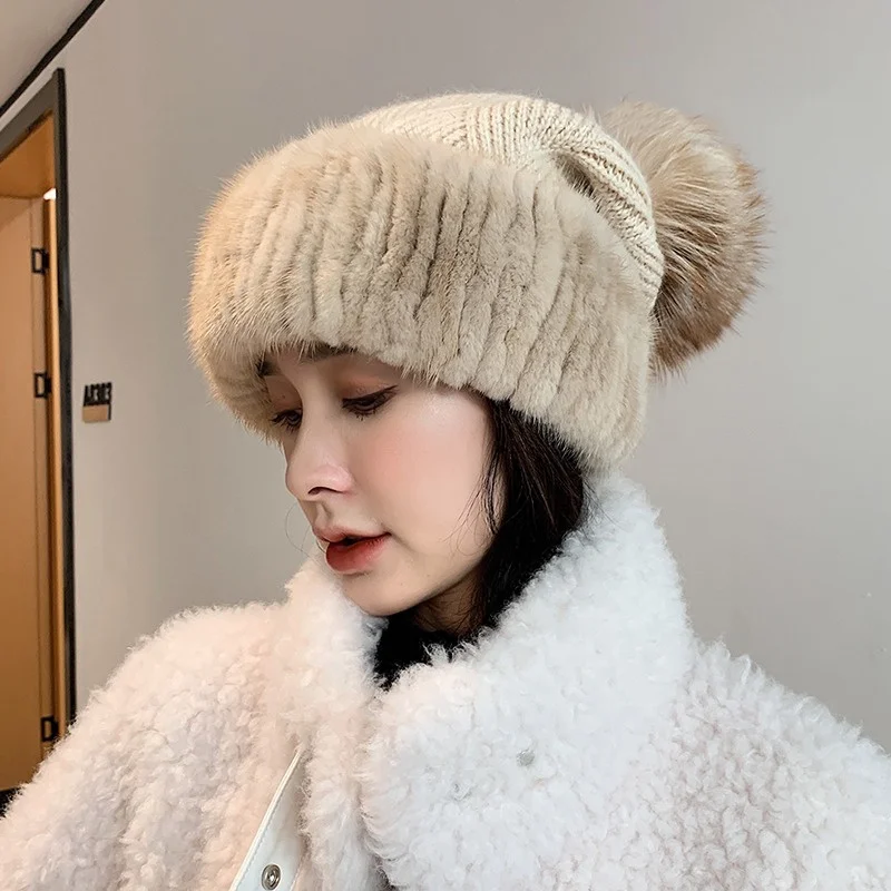 Women's Blended Knitted Fur Hat Winter Rex Rabbit Fur Mink Fur Blend Warm Hat Soft And Comfortable Outdoor Ear Protection Hat