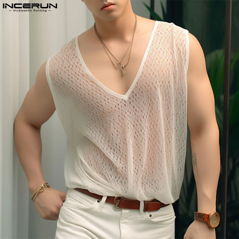 INCERUN Tops 2024 Korean Style Men's Sexy Hollow Perspective Vests Summer Casual Stylish Male V-neck Sleeveless Tank Tops S-5XL