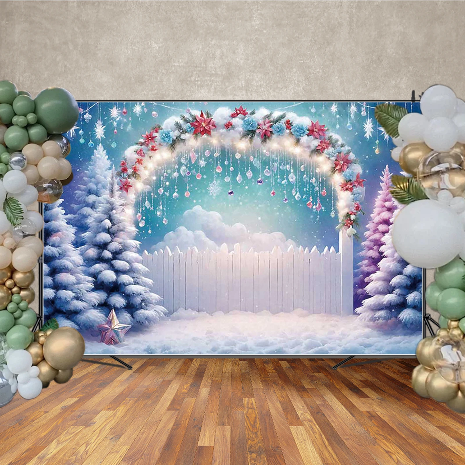 MOON.QG 크리스마스 장식 사진 배경 눈 덮인 겨울 파란색 크리스마스 나무 사진 배경 포토존 스튜디오 어린이