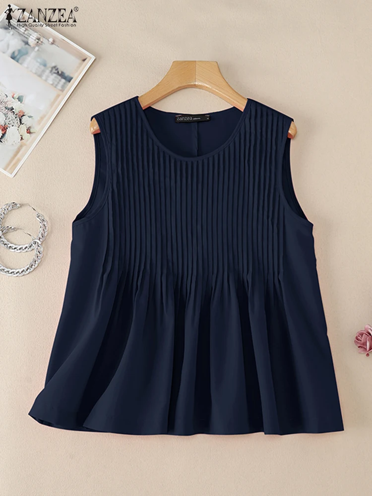 2025 ZANZEA, camisola de verano para mujer, camisetas sin mangas lisas, blusa plisada a la moda, camisa informal sin mangas para vacaciones, camisetas holgadas de playa de gran tamaño