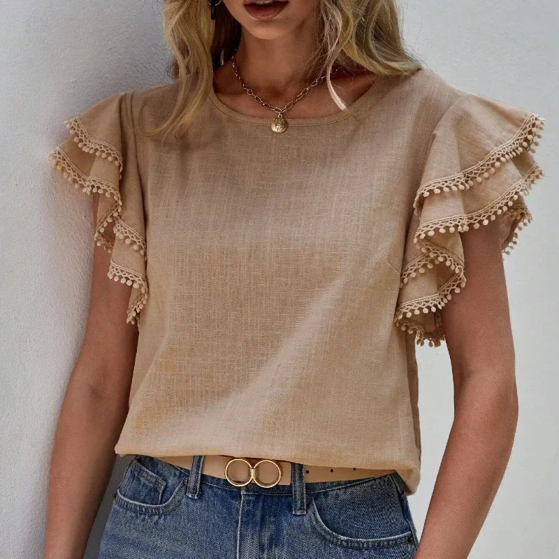 

Solid Color Casual Loose Blouses For Women Fashion Summer Vintage Lotus Leaf Sleeves Shirt Women Elegant Street Female Tops Tees