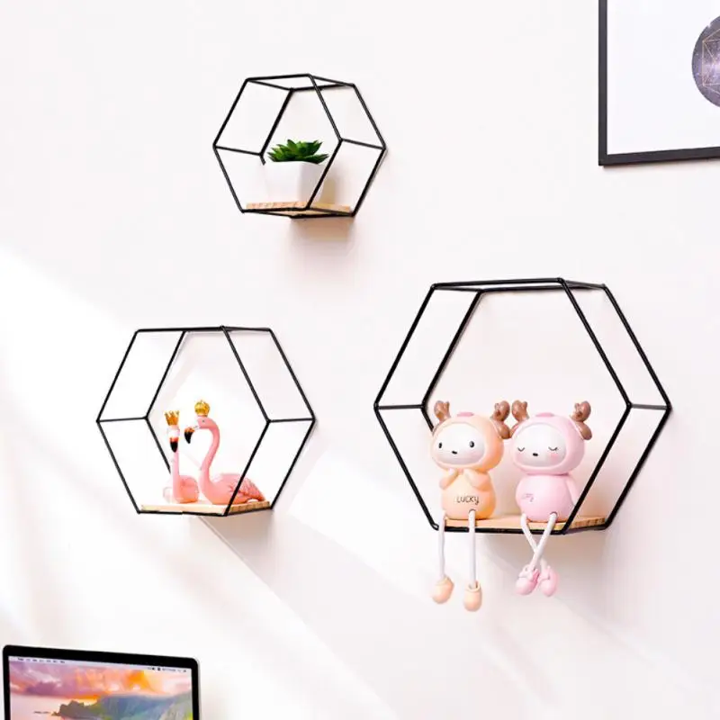 Wall Mounted Hexagon Shelf Handicraft Display Rack Floating Wall Shelf Sundries Storage Holder Living Room Home Decoration