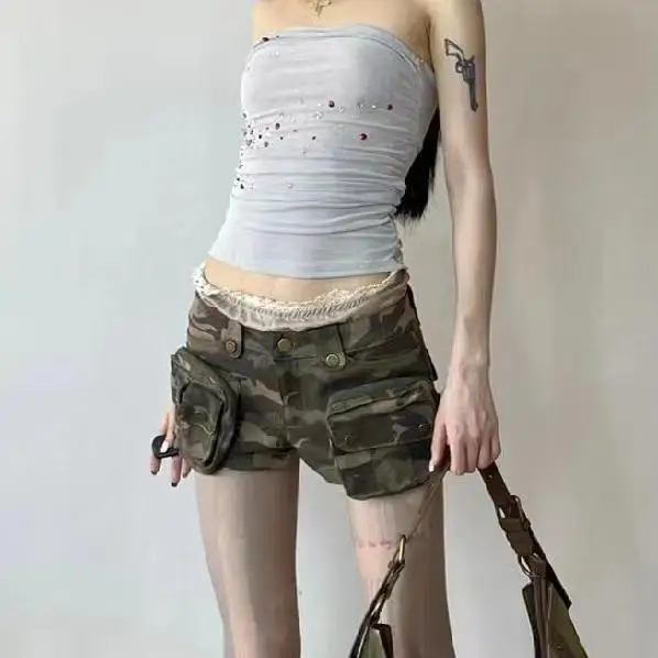 Vintage Women's Denim Shorts Low Waisted Pockets Camouflage Y2k Casual Jeans Cargo Pants Gothic Green Short Jeans