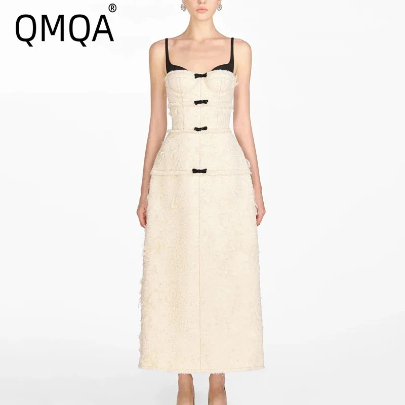 QMQA Fashion Women's Elegant Dress Splicing Bow Burrs Design Square Collar Sleeveless High Waist Long Dress New Clothing 1A575