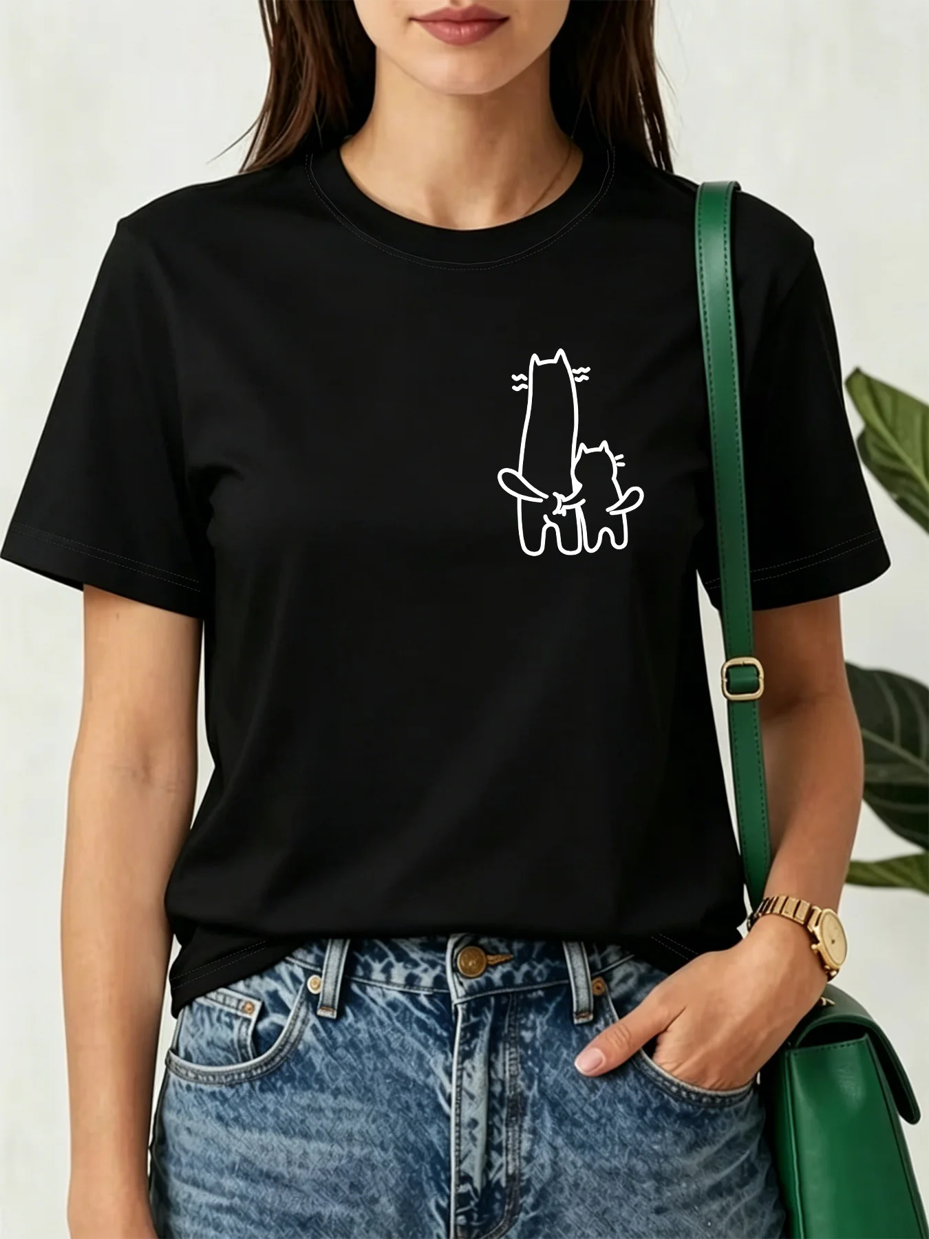 Cute Simple Line Art Mother And Baby Cat Hugging Art Print Graphic Womens T Shirt Short Sleeve Crew Neck Casual Ladies Tee Tops