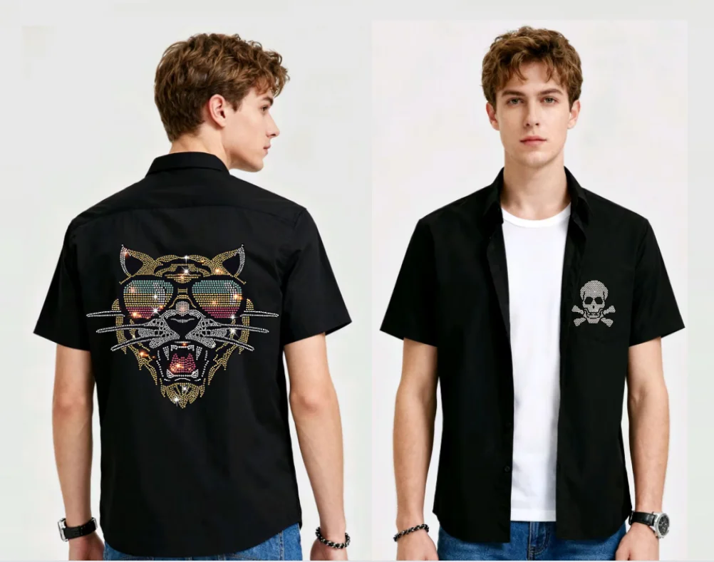 

Summer Men's Slim Fit Short Sleeve Skull Shirt Adorned with Shiny Rhinestones Suitable for Casual Holiday Travel shirts