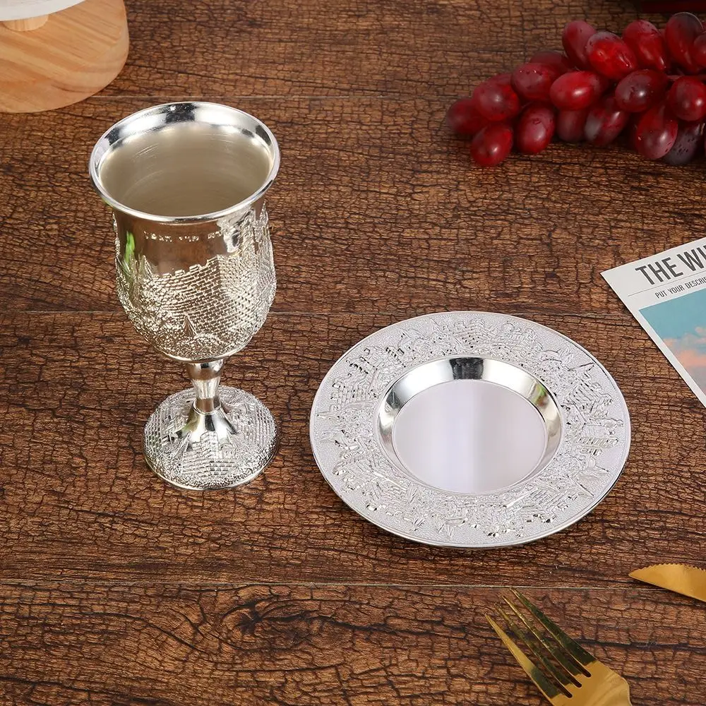 Decorative Zinc Alloy Kiddush Cup Set Silver European Style Ceremonial Cup Set with Tray Elegant Wine Cup Set Wedding Ceremonies