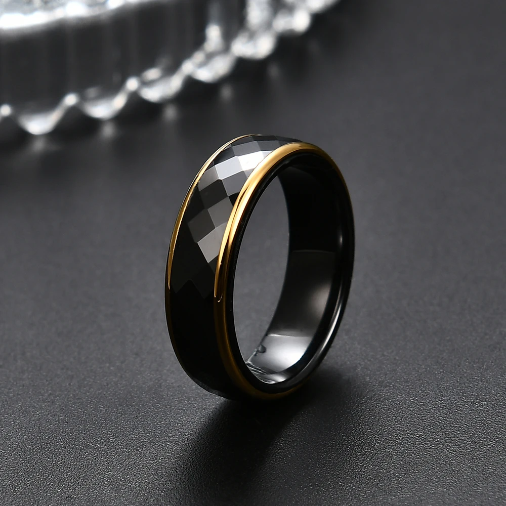 6mm Gold Ceramic Faceted Ring for Women Bands Comfort Fit Engagement Wedding Bands