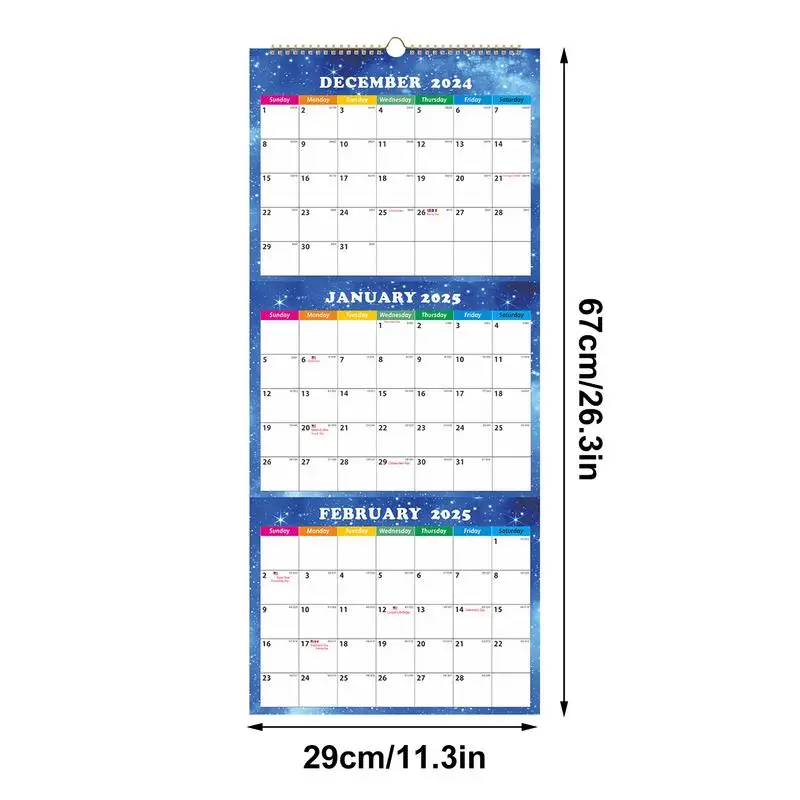 Wandkalender 2025, 3 Monate, 3-Monats-Display, vertikaler Kalender, drei separate Planer, Dezember 2024, Januar 2026, Planer mit