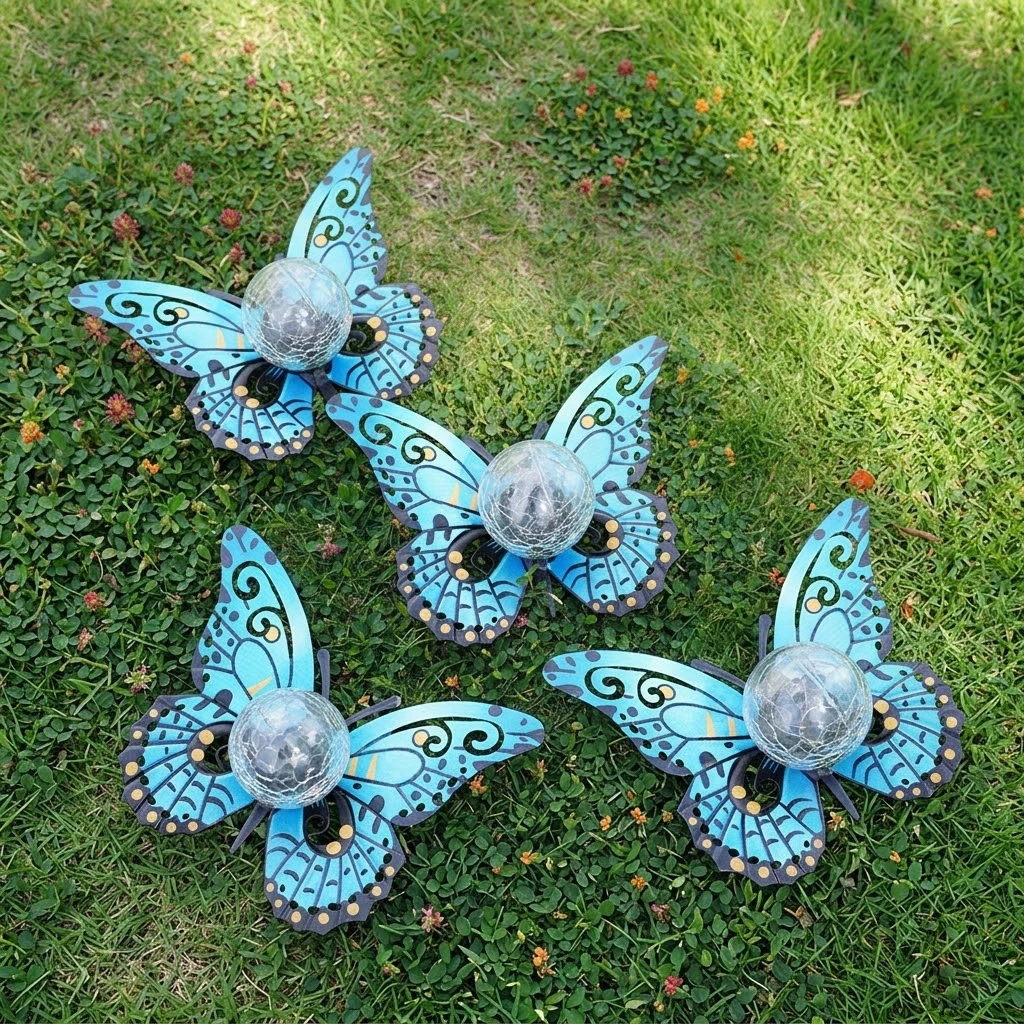 

4PCS Metal Butterfly Garden Statues Sculptures Ornaments Solar Lights Outdoor Waterproof Cracked Glass Ball LED Yard Art Decor