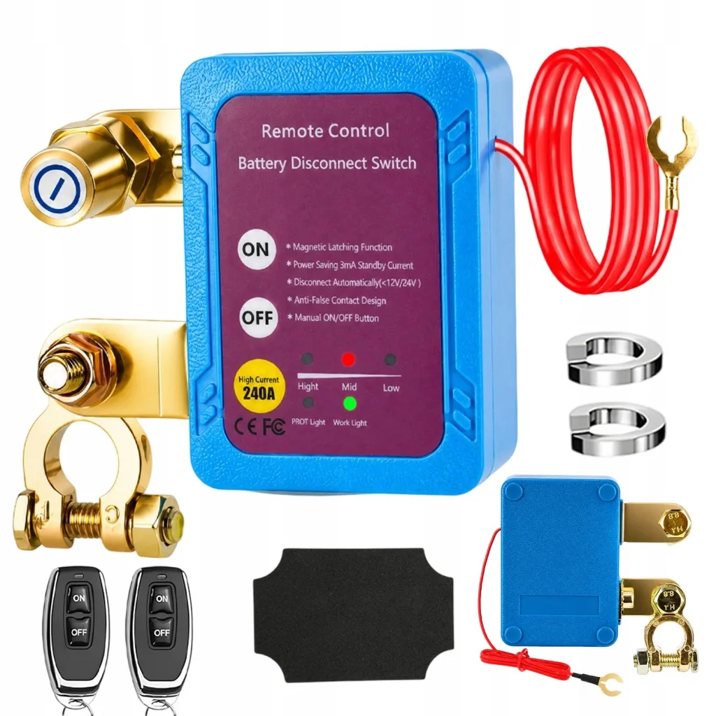 Interrupteur de déconnexion de batterie de voiture avec 2 télécommandes, isolation automatique de l'alimentation, courant de veille de 3 mA pour la protection de la batterie du véhicule.