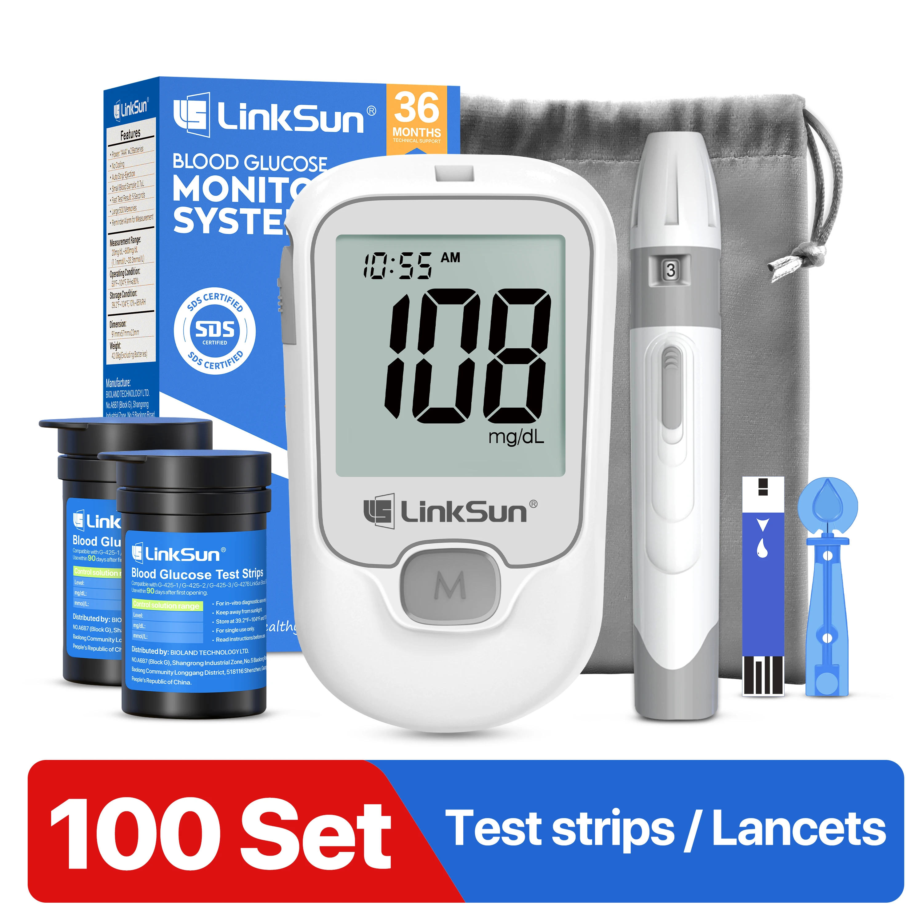 LinkSun G-425-1 Bloedglucosemeter 50/100 stuks Teststrips en Lancetten Diabetes Medische Glucosemeter Testen Bloedsuikertester