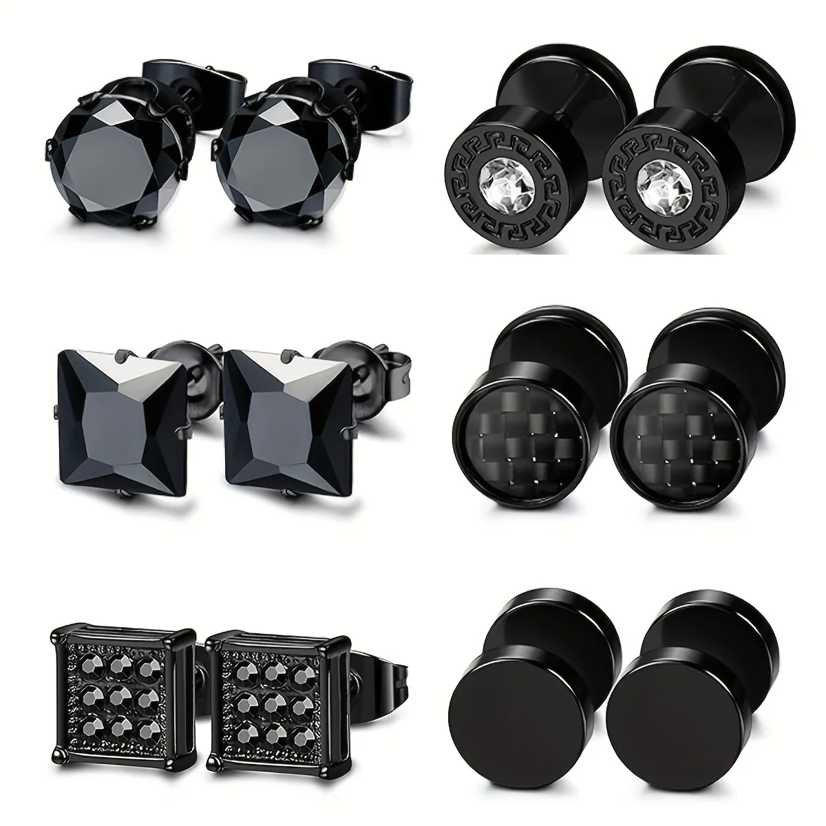 6-Piece Stainless Steel Black Cubic Zirconia Earrings Set for Men and Women, Cubic Synthetic Zirconium Ear Piercing Jewelry Set