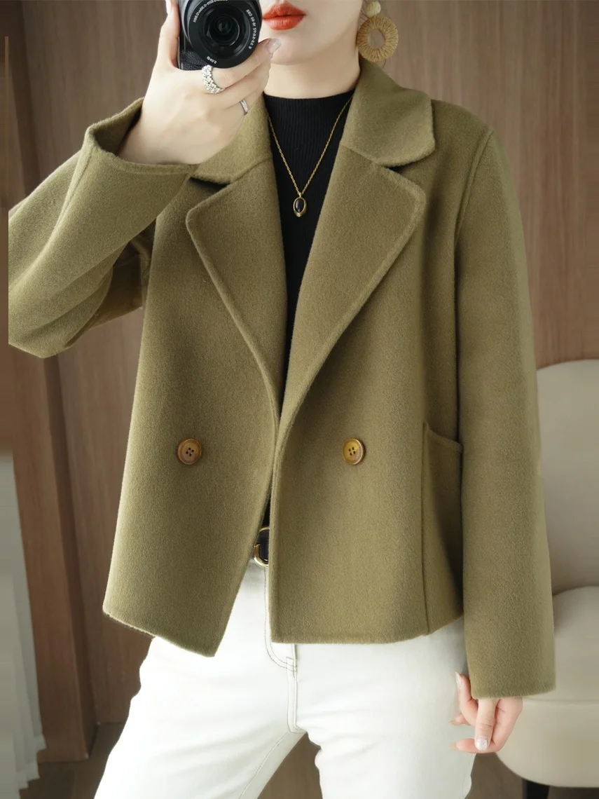 

Высококачественное двустороннее шерстяное пальто, женское осенне-зимнее пальто с воротником костюма, модная универсальная верхняя одежда Camere