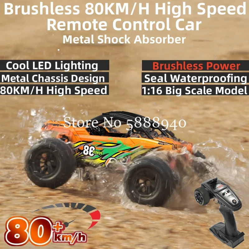 

1:16 Brushless High Speed RC Car 80KM/H 4WD Metal Transmission Seal Waterproof Ball Bear Cool LED Lighting Remote Control Car