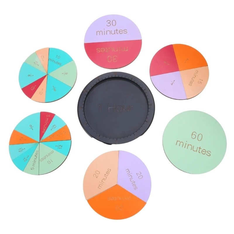 Fraction Circles Wooden Time Teaching Clock with Colored Blocks, Math Manipulatives Tool Time Telling Math Teaching Aids