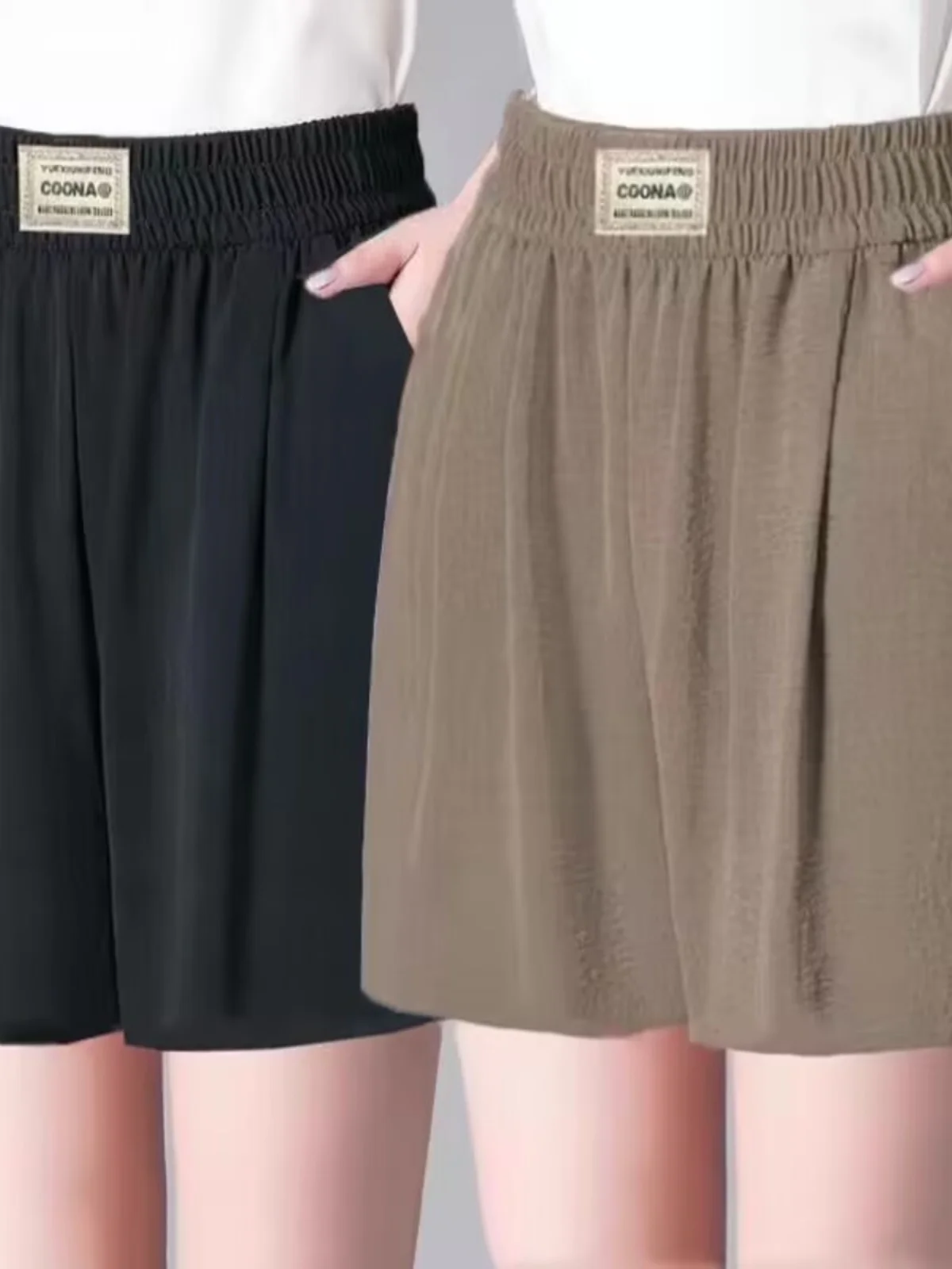 شورت نسائي جديد من الحرير الجليدي والقنب بطول خمسة أرباع، خصر عالي، رفيع، كاجوال، فضفاض، مُصمم للتنحيف، واسع الساقين، متعدد ا...