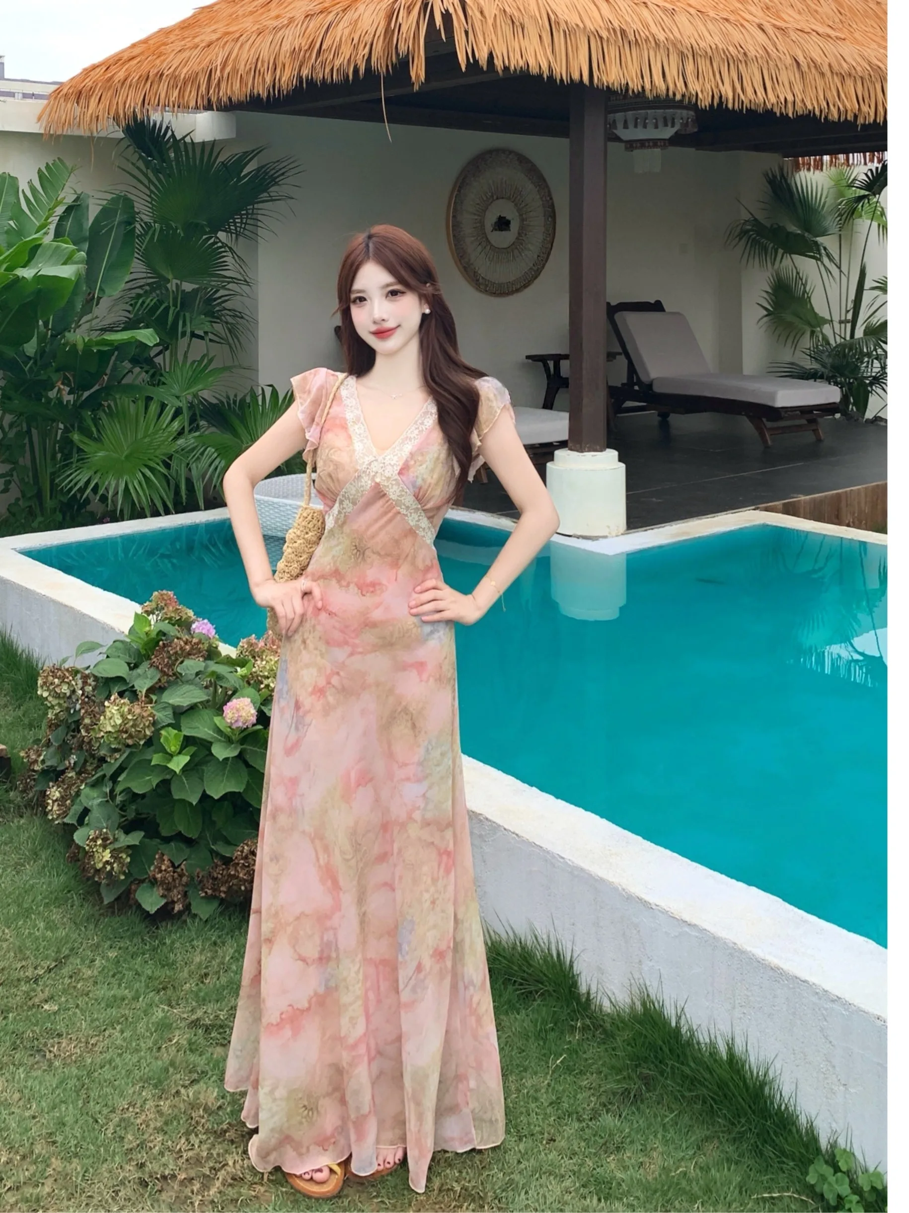 

plus Size Women's Sweet Style Floral Lace Splicing V-Neck Summer New Waist-Cinching Beautiful Long Dress Korean Style Slim Fit