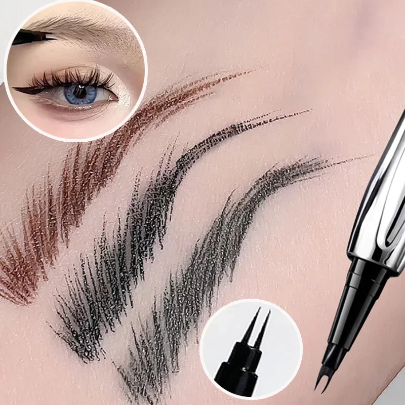 Ultra-fine 2 จุด Silver Eyebrow ปากกา Liquid Wild Eyebrow Tattoo กันน้ํา 2 ส้อม Silkworm Brow ปากกา Easy To Grip Eye แต่งหน้า