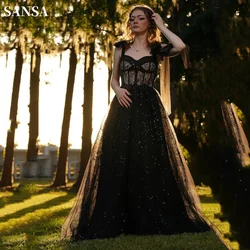 Sansa Gothic Black A-line فساتين السهرة Sexy Transparent Waist Vestidos De Noche Prom Dresses Sexy Floor Lenght Party Dresses