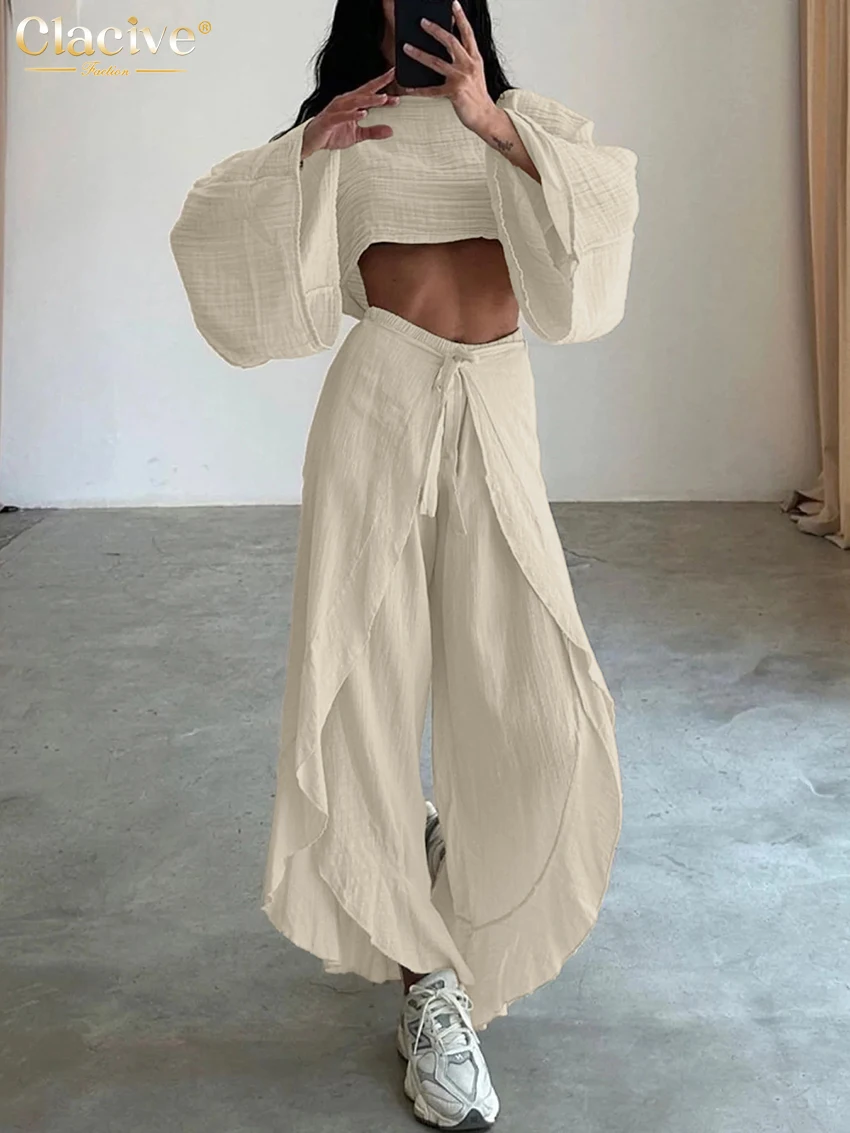 

Clacive Fashion Loose Apricot Cotton Two Piece Outfits Woman 2025 Elegant Long Sleeve Crop Top With High Waist Lace-Up Pants Set
