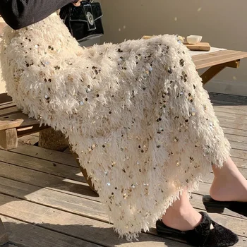 2024 가을 겨울 술 스팽글 오버사이즈 스커트, 통통한 언니 복고 로맨틱 화려한 스트레이트 튜브 롱 스커트