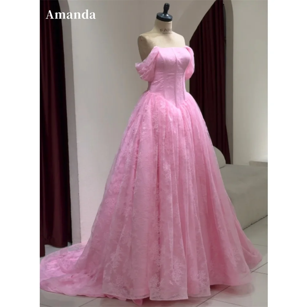 Amanda Custom Pink Off Shoulder Lace Prom Dress Puffy Long Train Formal Evening Gown Graduation Homecoming Party Dress