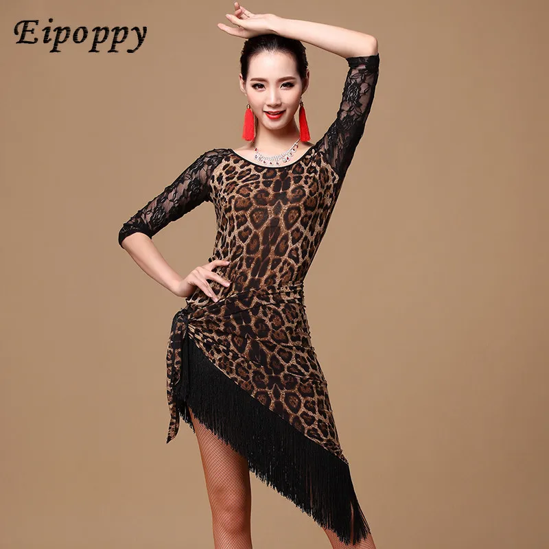 女性のための大人のラチンダンス服、半袖ヒョウスカート、フリンジコスチューム、三角形、新しいレースドレス