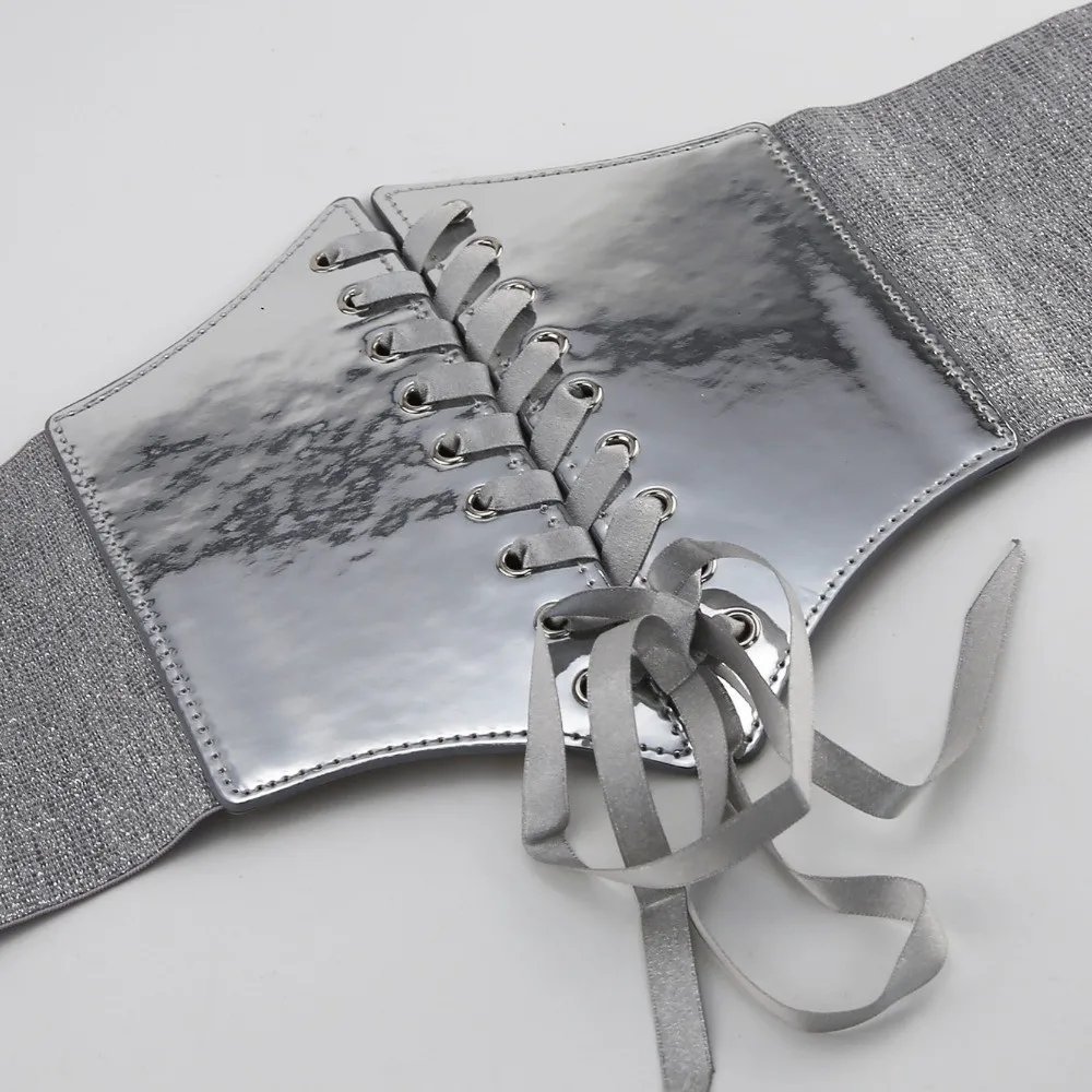 حزام خصر ريترو متعدد الاستخدامات، حزام مشد ذهبي وفضي، تصميم مرن، حزام عريض من جلد البولي يوريثان للنساء