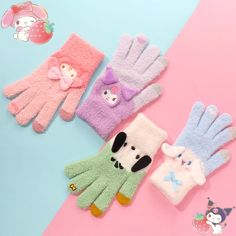 Anime Sanrioed Cinnamoroll Plush Gloves Touch Screen Kuromi Melody Kawaii Cartoon Five Finger Gloves Winter Girl Student Warm