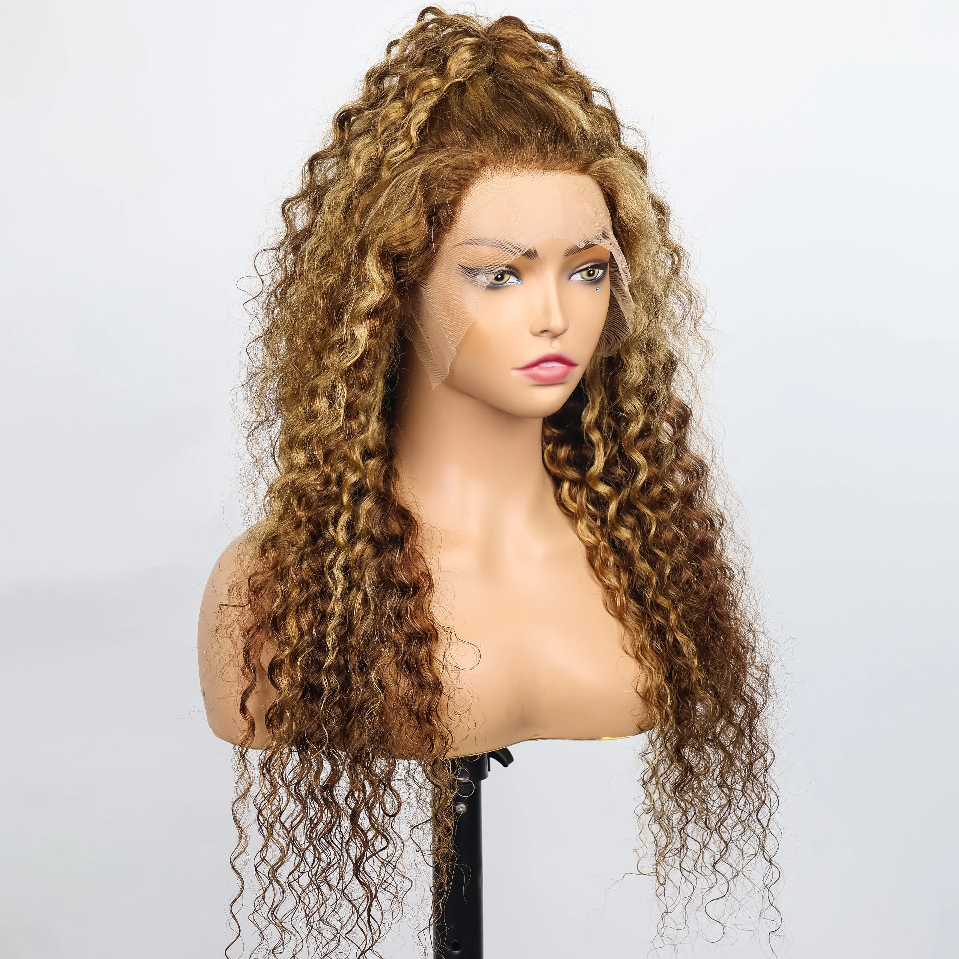 Destaque onda profunda encaracolado 13x6 peruca frontal do laço transparente 200 densidade ombre mel loira onda de água perucas de cabelo humano brasileiro