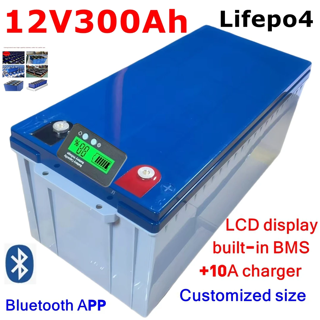 Batterie au lithium Lifepo4 avec Bluetooth, 12.8V, 300Ah, 12V, BMS, bateau, station de base Sicile, AGV, chargeur 20A