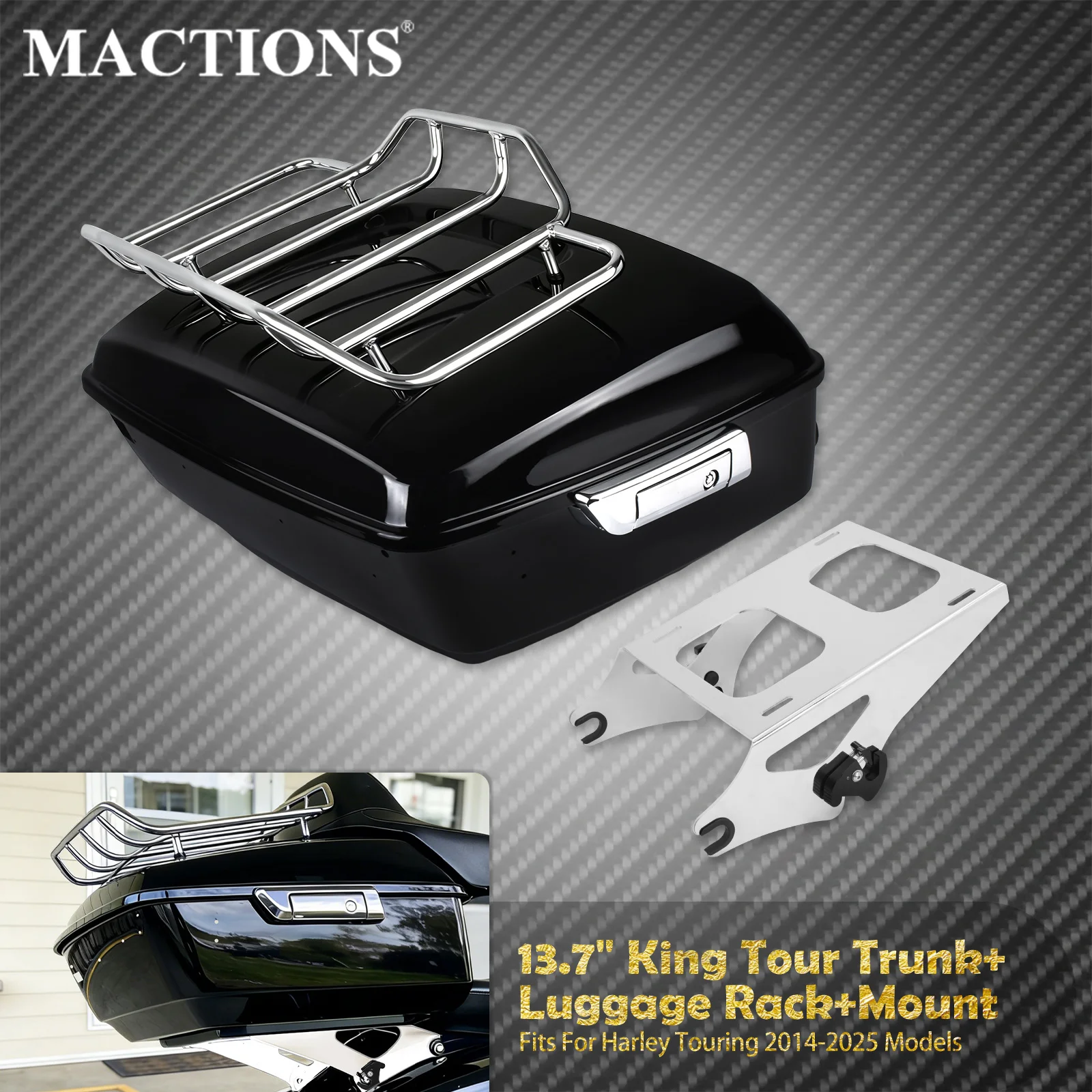 Motorcycle 13.7" King Tour Trunk Rear Top Bag Tail Box+Luggage Rack+Mount Liner For Harley Touring Street Electra Glide 2014-25