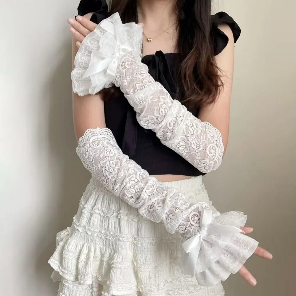夏服 Y2K レースボウ手袋 UV 保護甘い指なし手袋フェアリーコアスタイル薄手のメッシュアームスリーブ女性のための