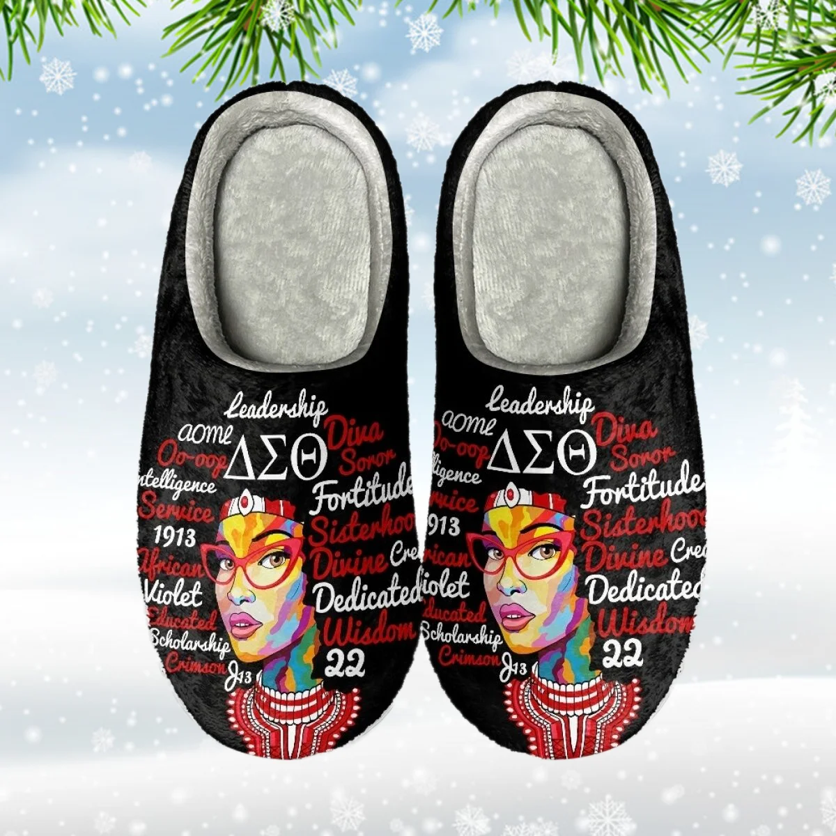 INSTANTARTS Dropship Cotton Slippers Shoe Dellta Sigma Theta Winter Home Wear-Resistant Flats Non-slip Indoor Slides for Couple