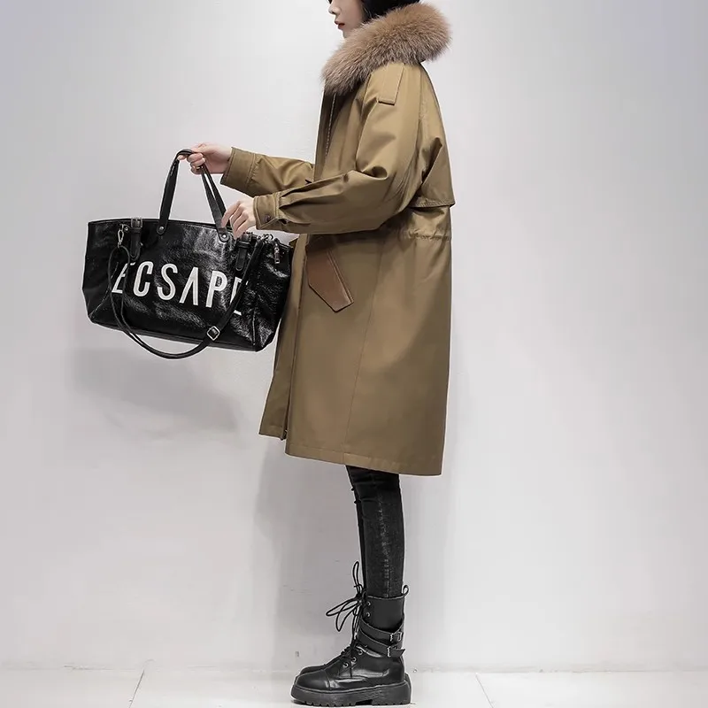 여성용 폭스 모피 칼라 다운 재킷, 두꺼운 파카, 따뜻한 오버코트, 여성용 롱 퍼퍼 코트, 한국 버전, 겨울 패션, 2025 신상