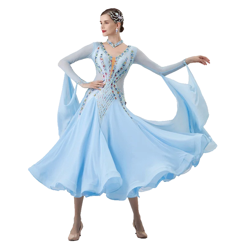 B-22224 New Women Modern Dance Rhinestone Color Diversity Dress Ballroom National Standard Waltz Competition Performance