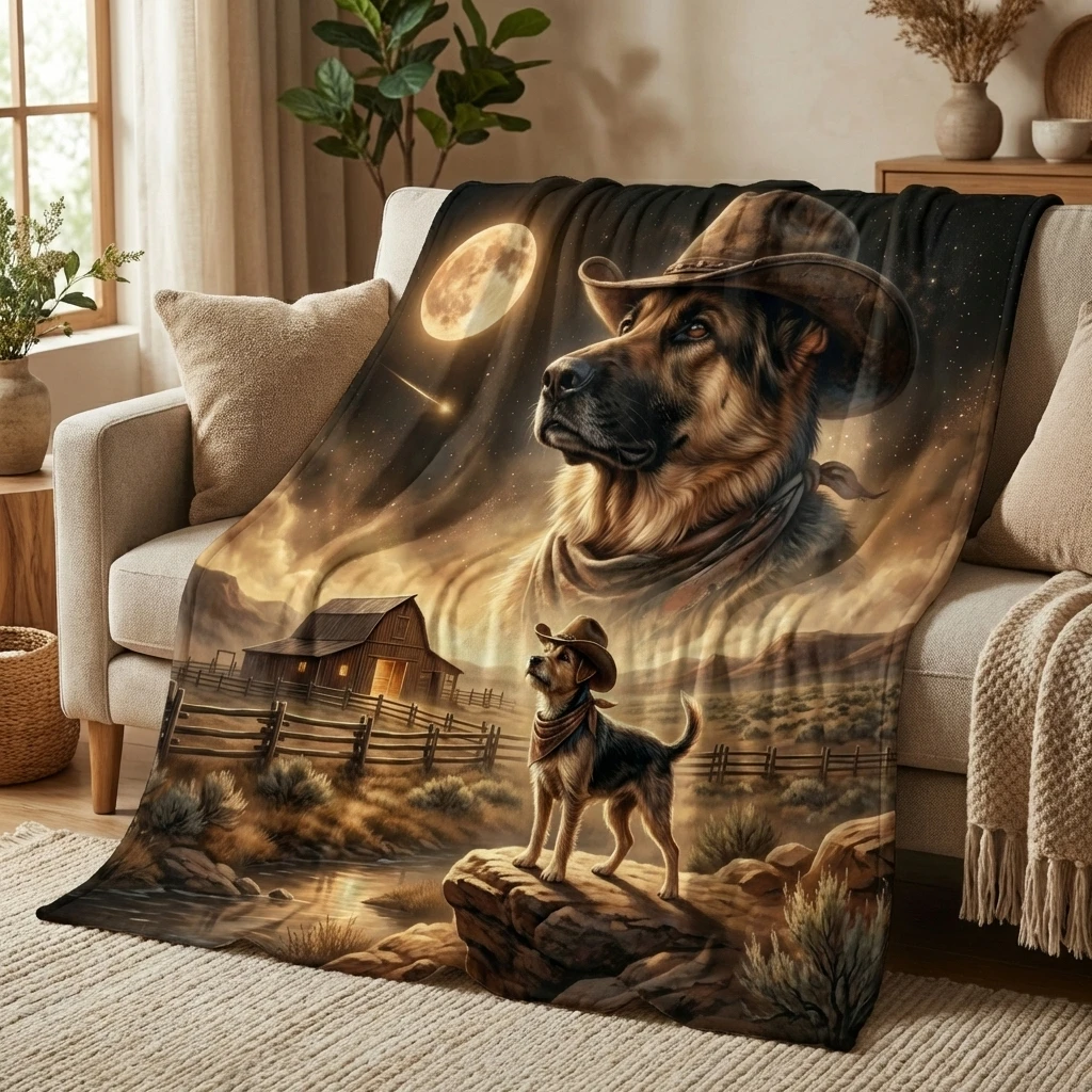 

Soft Western Cowboy Dog Art Flannel Throw Blanket, Ultra Soft All-Season Throw Blanket as Gift for Dog & Cowboy Fans