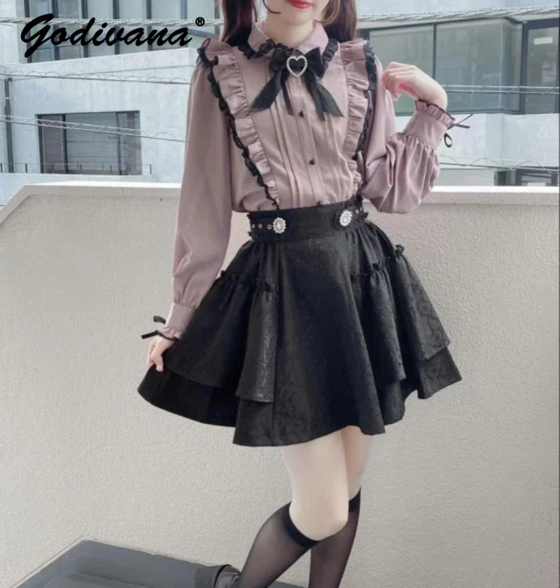 

Rojita Sweet Skirt Retro Jacquard Ruffles Slimming Mini Skirt Women Japanese Lolita 2023 Autumn High Waist Black Pleated Skirt