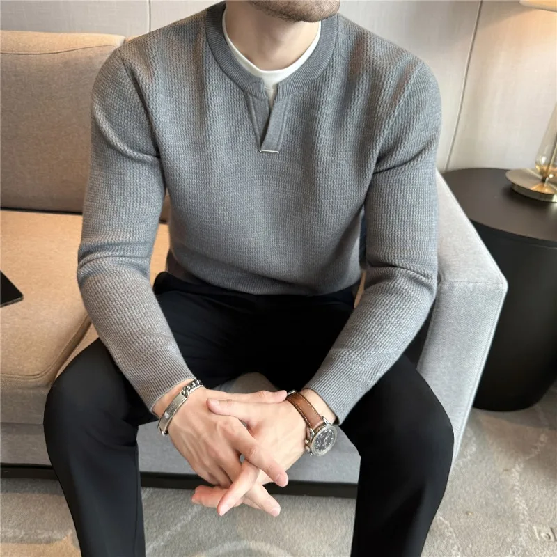

Fake Two Piece Knitted Pullover Warm Thick 2025 Winter New Solid Color Casual V-neck Sweater Fashion High Quality Men's Clothing