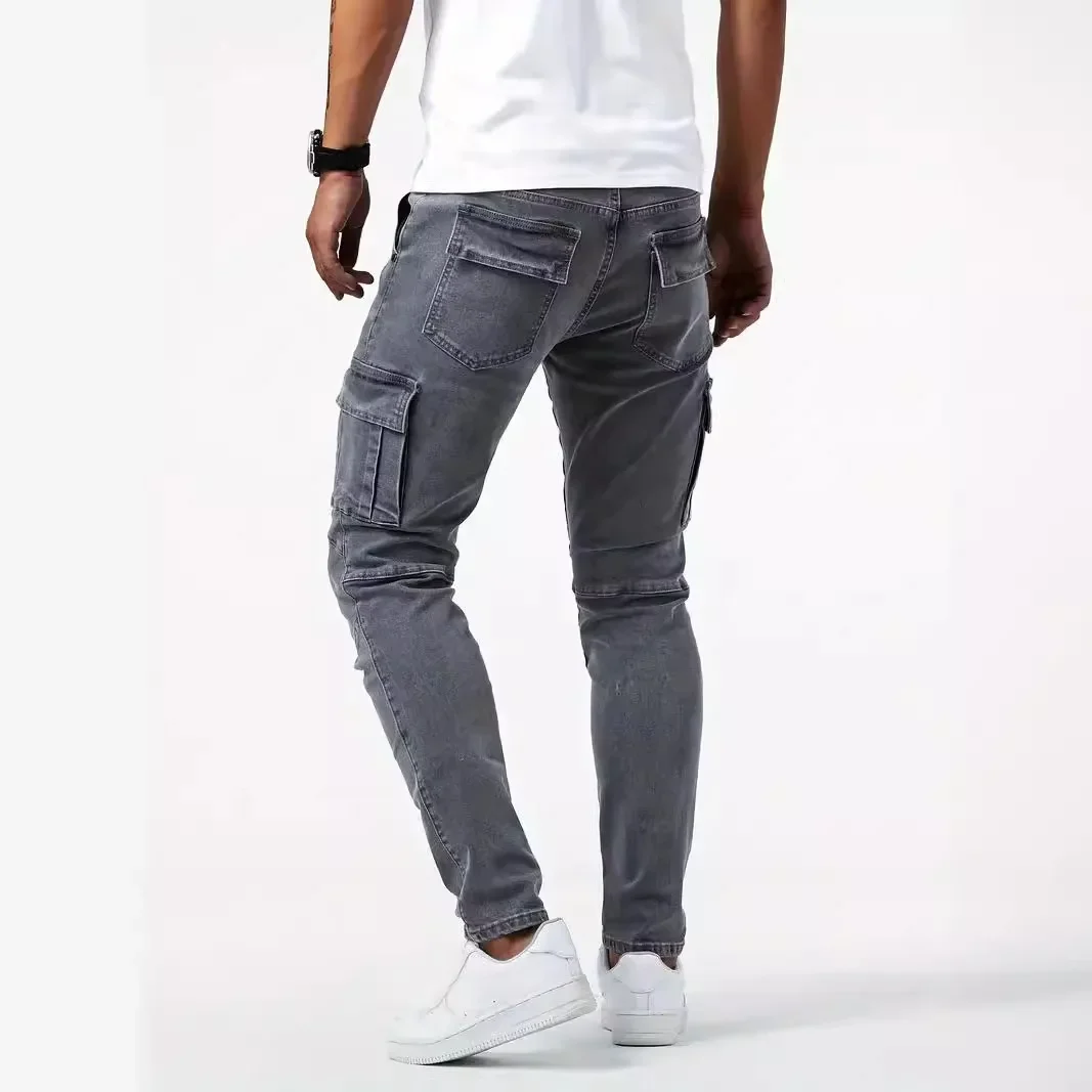 Hommes mode décontracté crayon élasticité jean mâle Multi poche petit mince haute rue Denim pantalon lavage solide bleu foncé pantalon