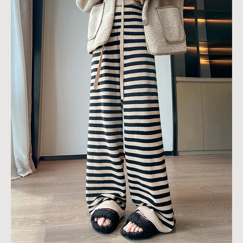 Gidyq Women Striped Wide Leg Pants Fashion Korean Patchwork Loose Casual Pants High Waist Female Streetwear Straight Pants New