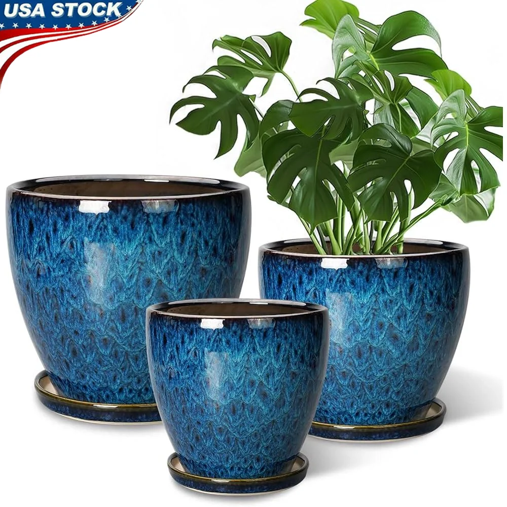

Indoor Ceramic Flower Pots with Drainage Holes Set of 3 Round Planters Plants Home Garden Decor