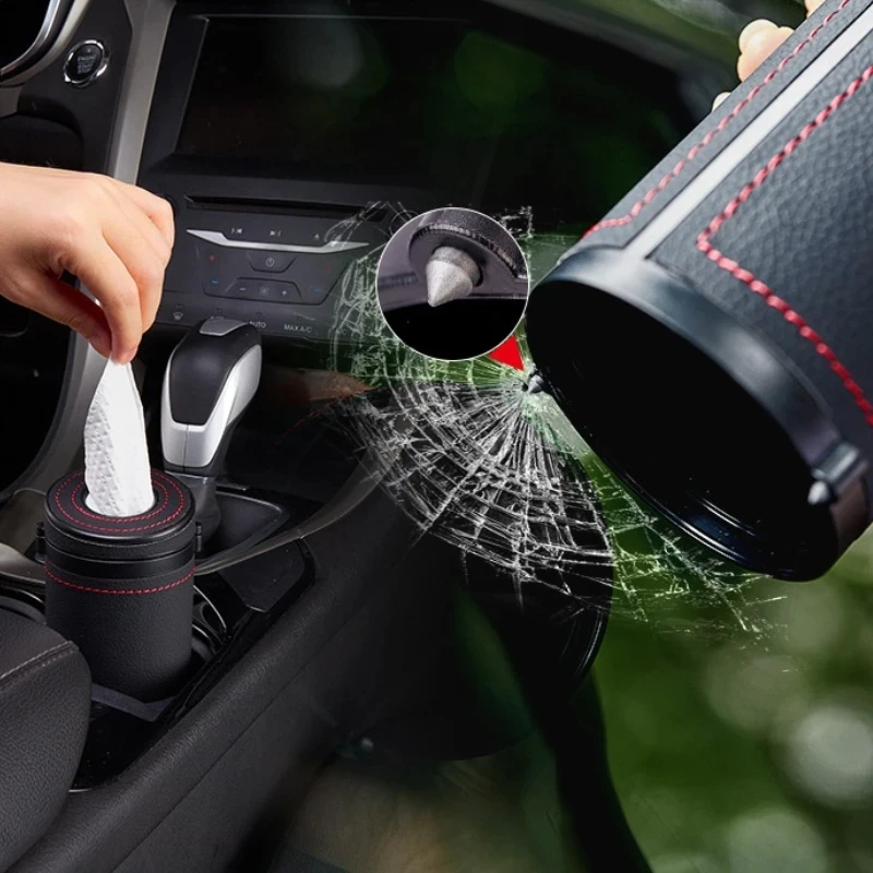 Multifunction Car Tissue Box Cover Holder Auto Round Paper Tube Safety Broken Window Tissue Cup Auto Interior Accessories