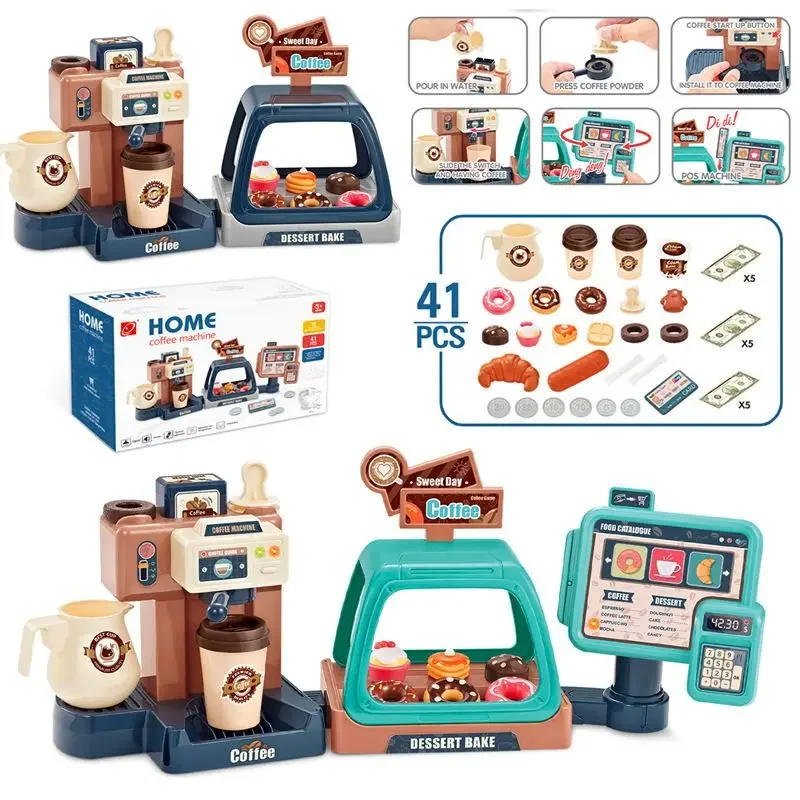 Juego de juguetes para máquina de café 3 en 1, juguetes de cocina, comida de simulación, pan, pastel de café, juego de simulación, caja registradora de compras, juguetes para niños