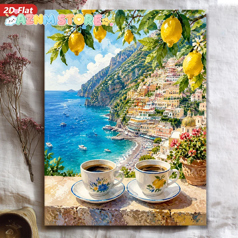 2D Flat 2D Flat 2D/Flat, 1pc Wooden Framed Canvas Poster, Lemon Theme Home Decor, Coastal Scene, Mediterranean Style, Coffee