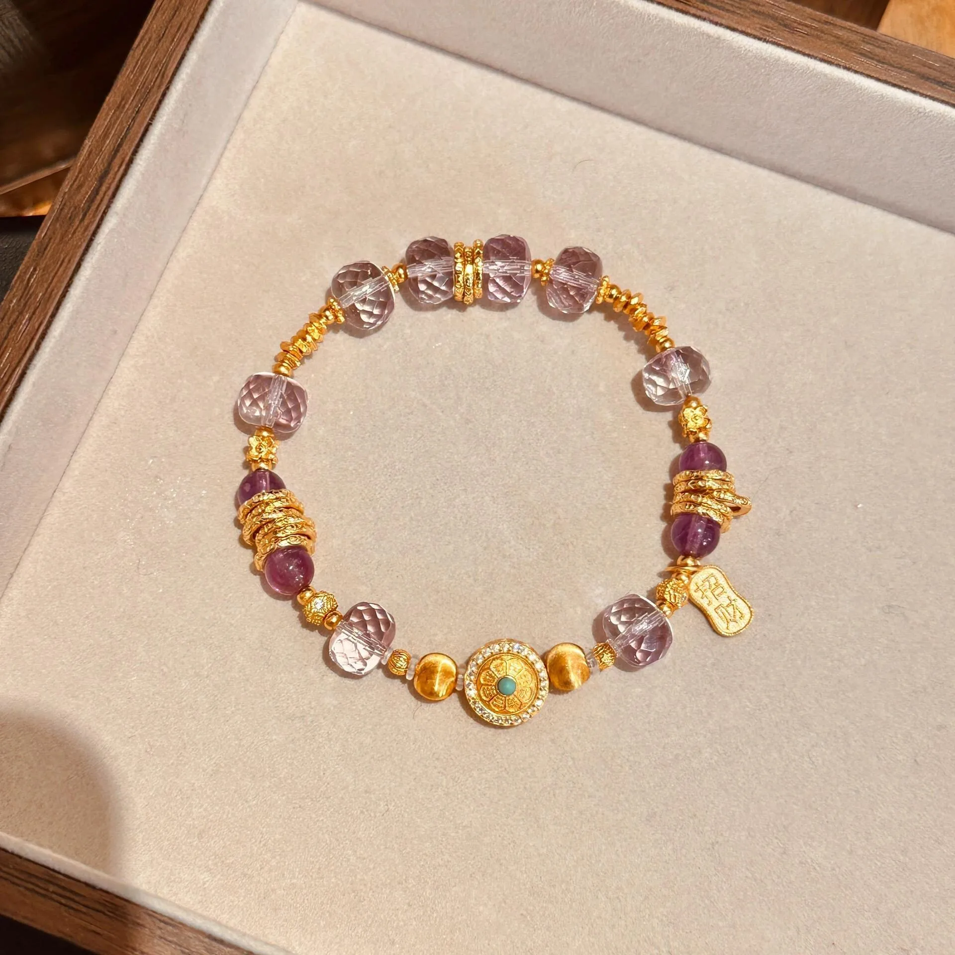 Chinese Style Jiuli Purple Fire Fortunate Amethyst Beaded Bracelet Gold Plated Wealth Attracting Feng Shui Jewelry For Women Gif